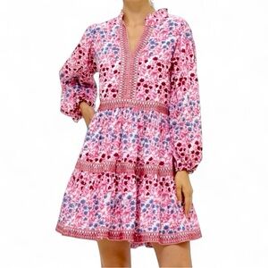 Oliphant Pink Floral Long-Sleeve Tiered Mini Dress